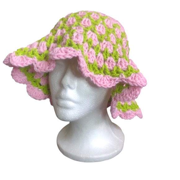 Crochet Scalloped Edge Bucket Hat | Pink, Neon Green main image 10